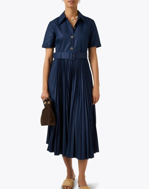 Cally Navy Pleated Shirt Dress