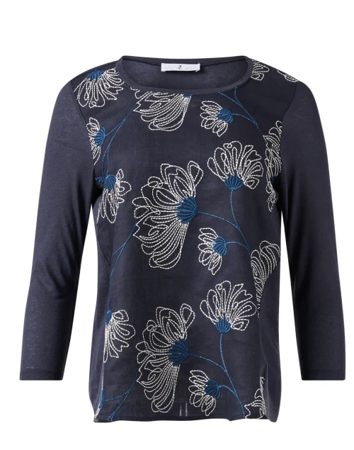 Navy and White Floral Embroidered Top