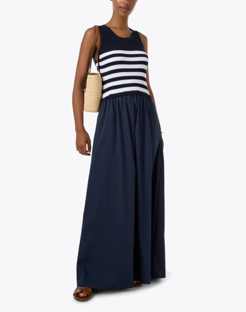 Navy Striped Knit Poplin Dress