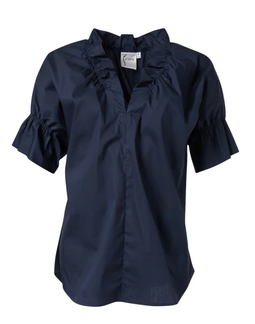 Crosby Navy Ruffled Neck Top