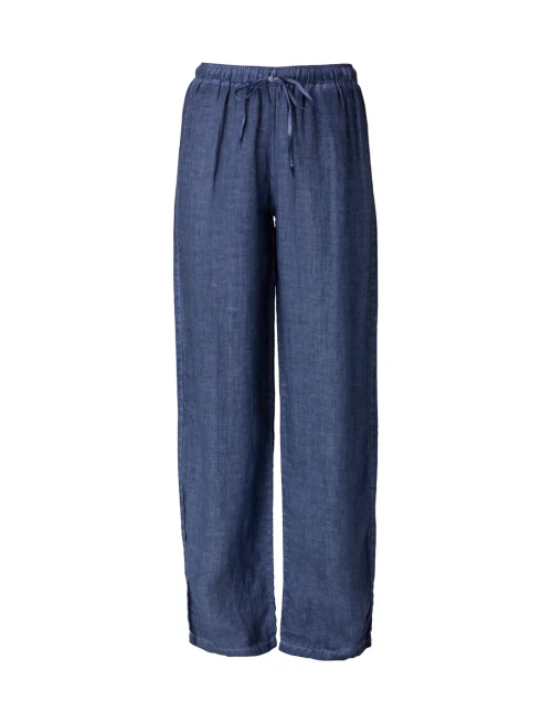 Dark Blue Linen Wide Leg Drawstring Pant