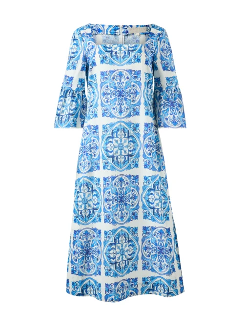 Vivienne Blue Tile Print Linen Dress
