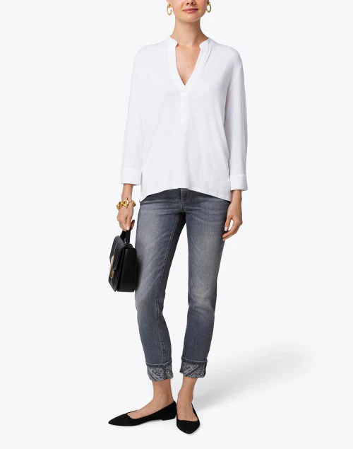 White Stretch Viscose Henley Top
