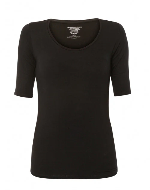 Black Scoop Neck Elbow Sleeve Stretch Viscose Top