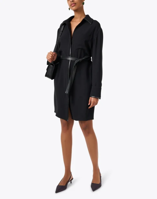 Black Leather Trim Shirt Dress