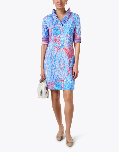 Blue Multi Paisley Print Ruffle Neck Dress
