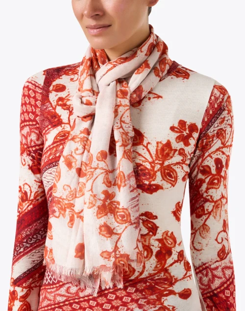 Red and White Floral Print Cashmere Silk Scarf