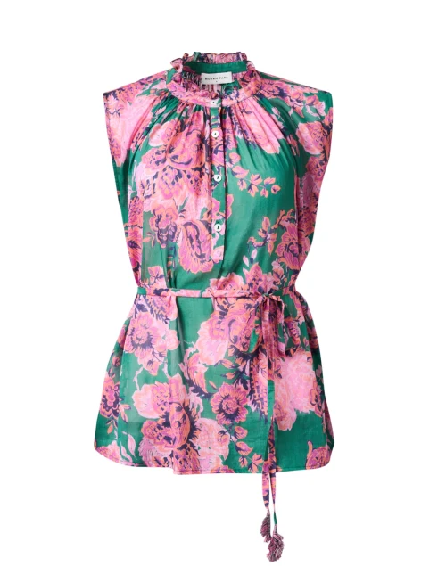 Rosette Green and Pink Print Cotton Silk Blouse