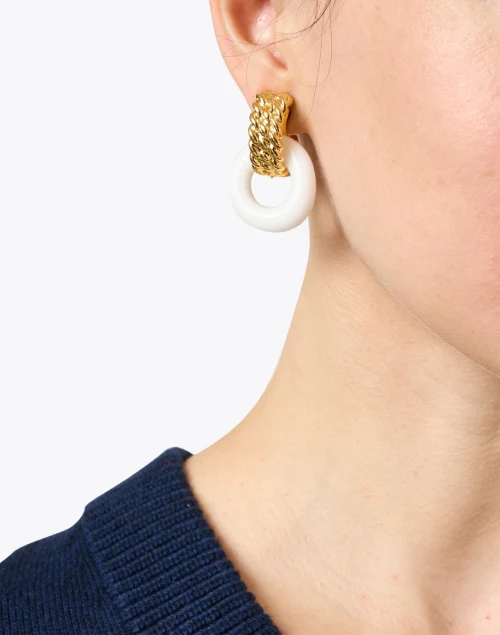 White Enamel Gold Doorknocker Clip Earrings