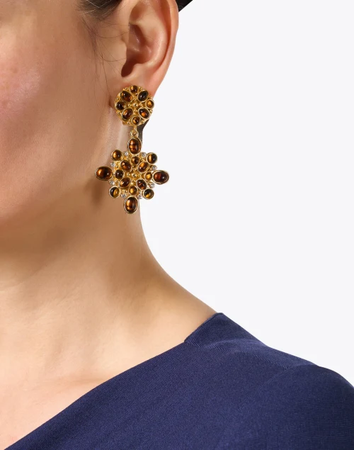 Gold and Brown Cabochon Clip Drop Earrings
