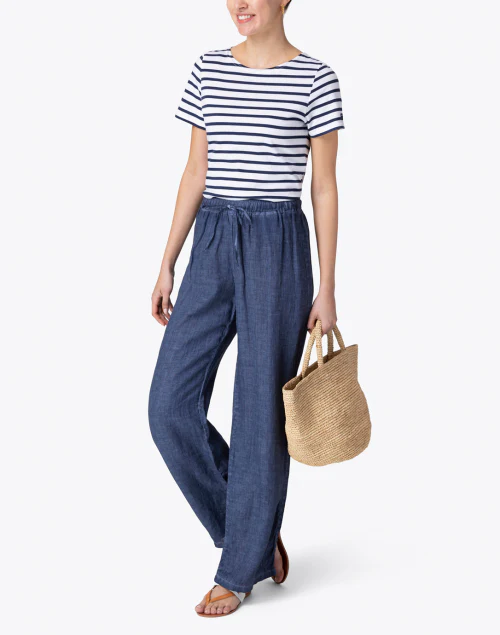 Etrille White and Navy Striped Cotton Top