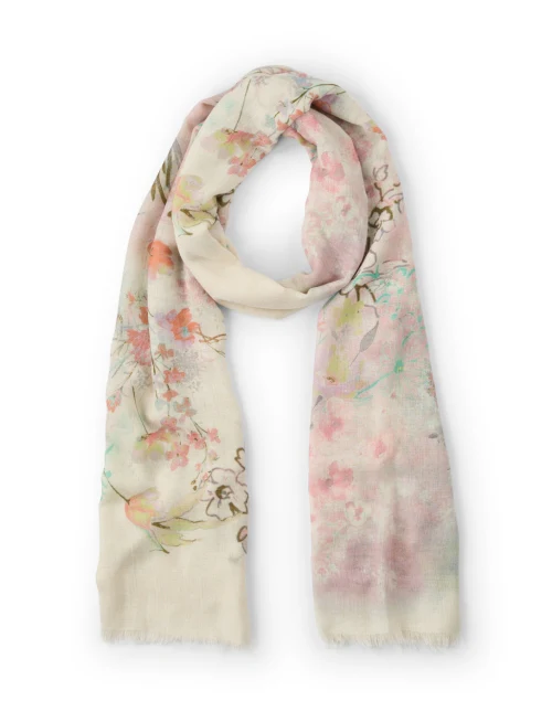 White Floral Print Cashmere Silk Scarf