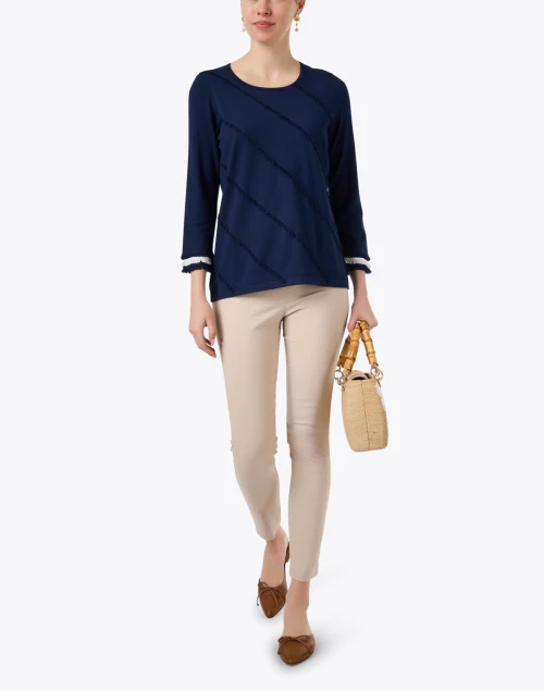 Navy and White Fringe Knit Top