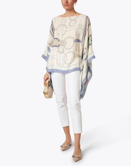 Firenze Blue Silk Cashmere Saddle Print Poncho