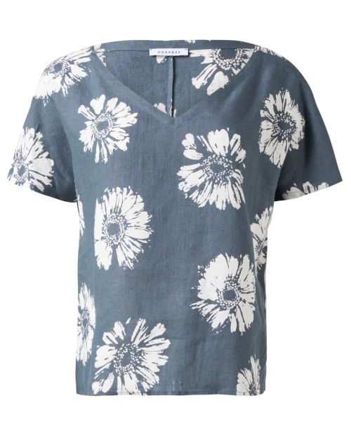 Grey Floral Linen Top