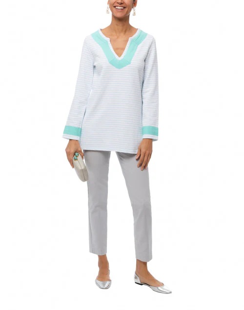 White and Pale Blue Striped French Terry Top