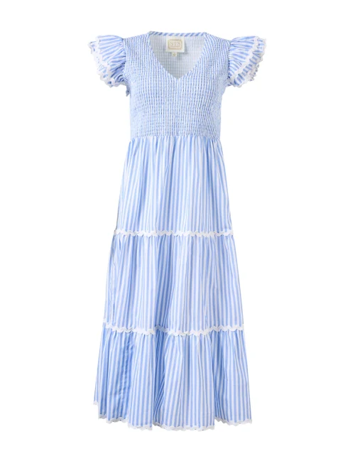Blue and White Striped Smocked Cotton Dress