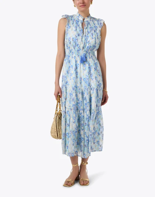 Blue Floral Lurex Print Dress