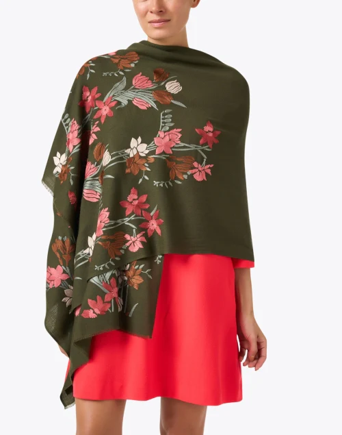 Olive Green Floral Embroidered Scarf