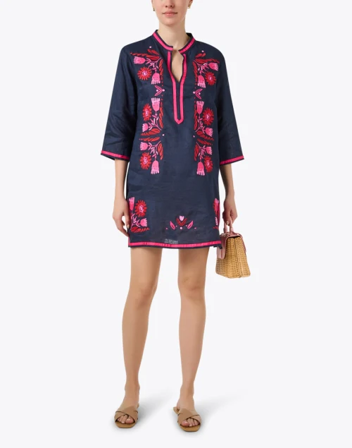Navy and Pink Embroidered Linen Dress