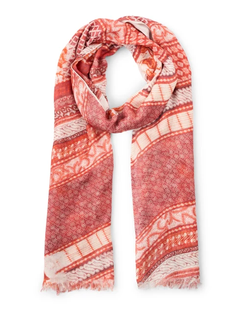Red and White Floral Print Cashmere Silk Scarf