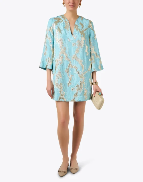 Ines Turquoise and Gold Jacquard Dress