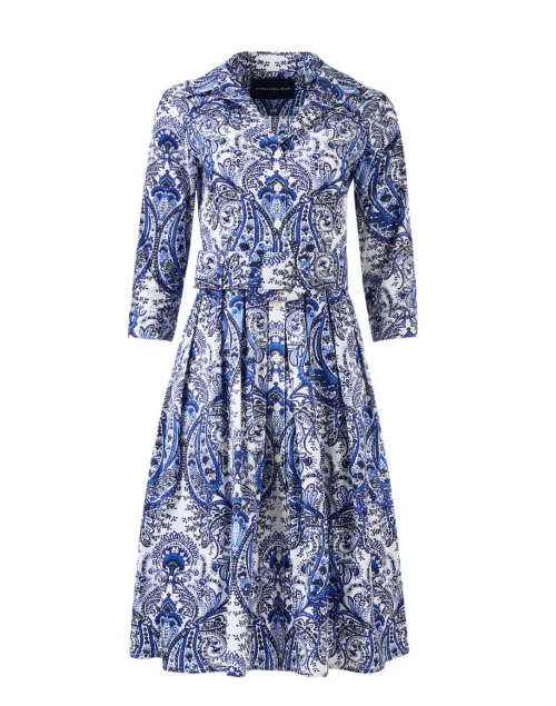 Audrey White and Blue Paisley Print Stretch Cotton Dress
