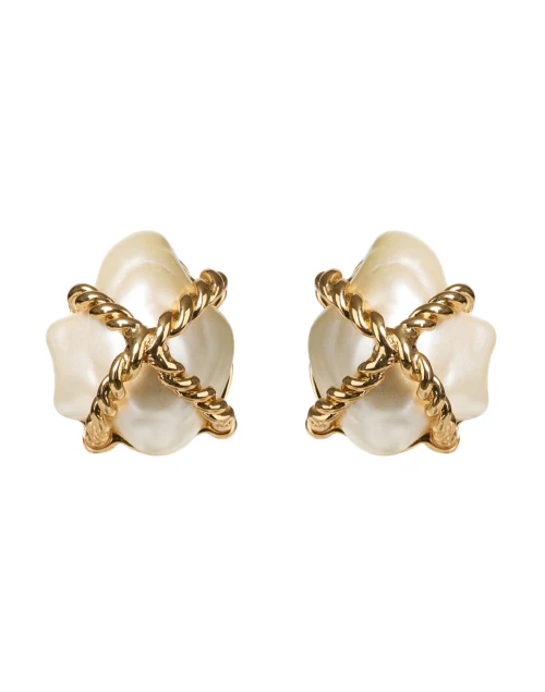 Gold Braided X Pearl Clip Earrings