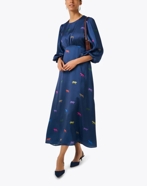 Blue Leopard Print Satin Dress