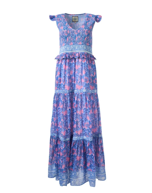 Carly Blue and Pink Floral Print Cotton Silk Dress