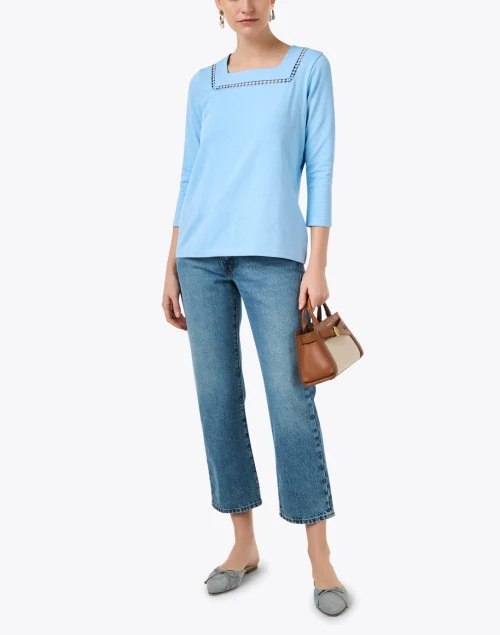 Blue Embroidered Knit Cotton Top