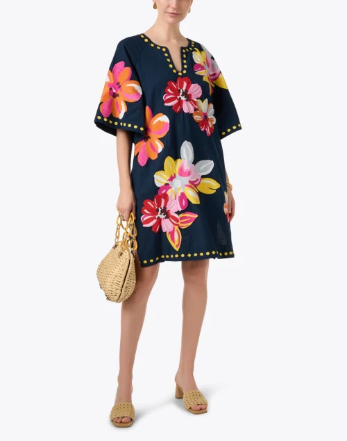 Charming Navy Floral Print Mini Kaftan