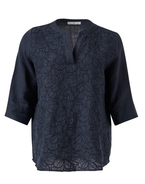 Navy Embroidered Linen Blouse
