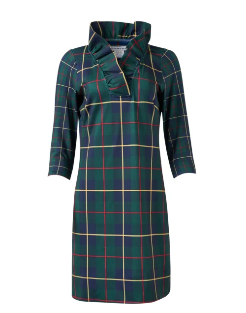 Plaidly Green Plaid Ruffle Neck Dress