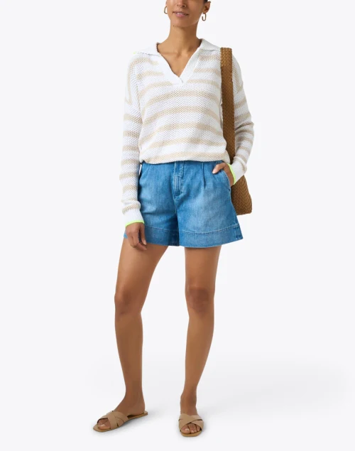 Beige and White Striped Cotton Sweater