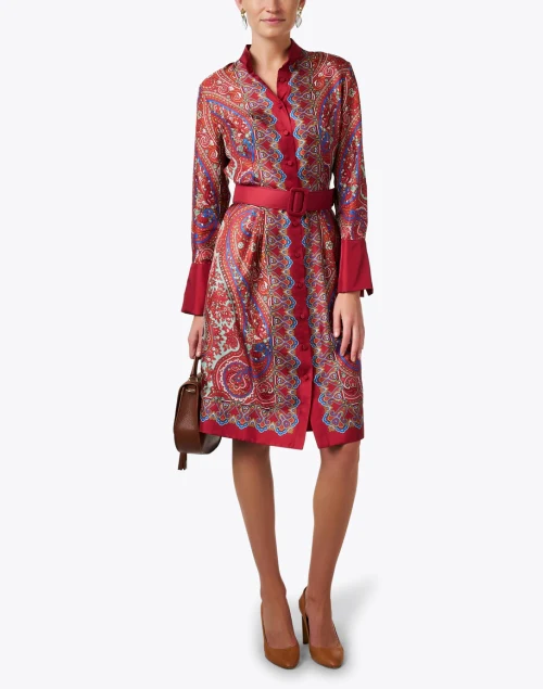 Red Paisley Print Silk Shirt Dress