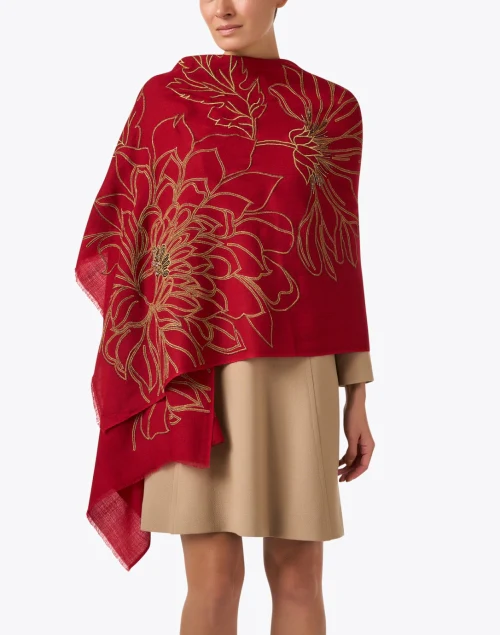 Red and Gold Embroidered Wool Scarf