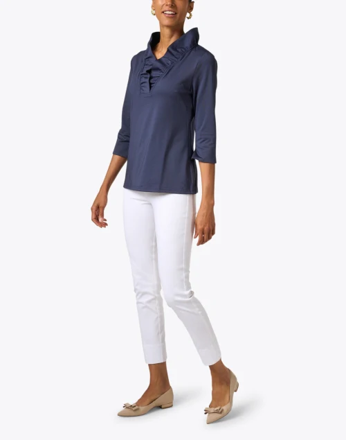 Navy Ruffle Neck Top