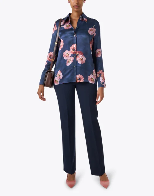 Blue Floral Print Silk Blouse