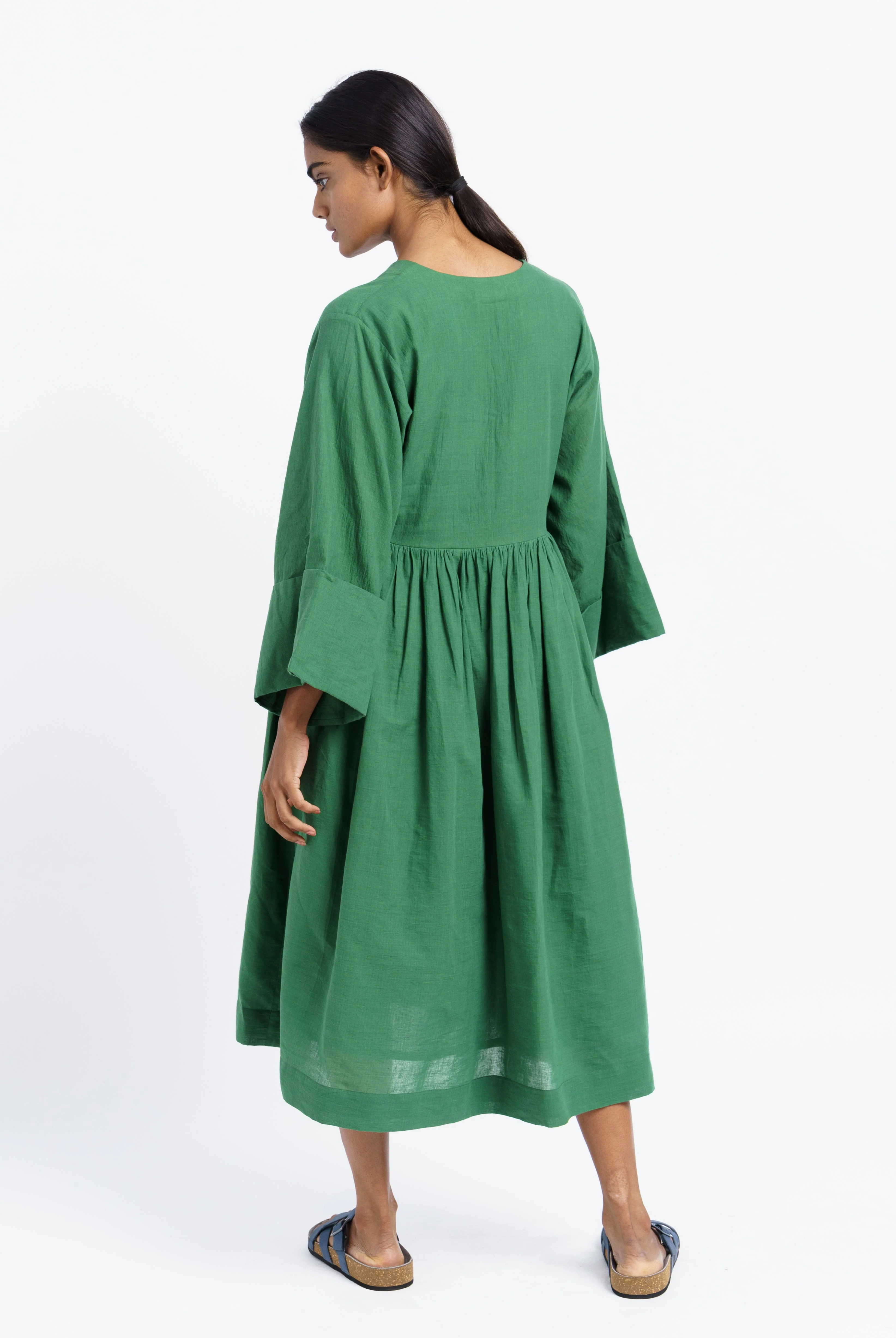 Basil green gathered midi dress