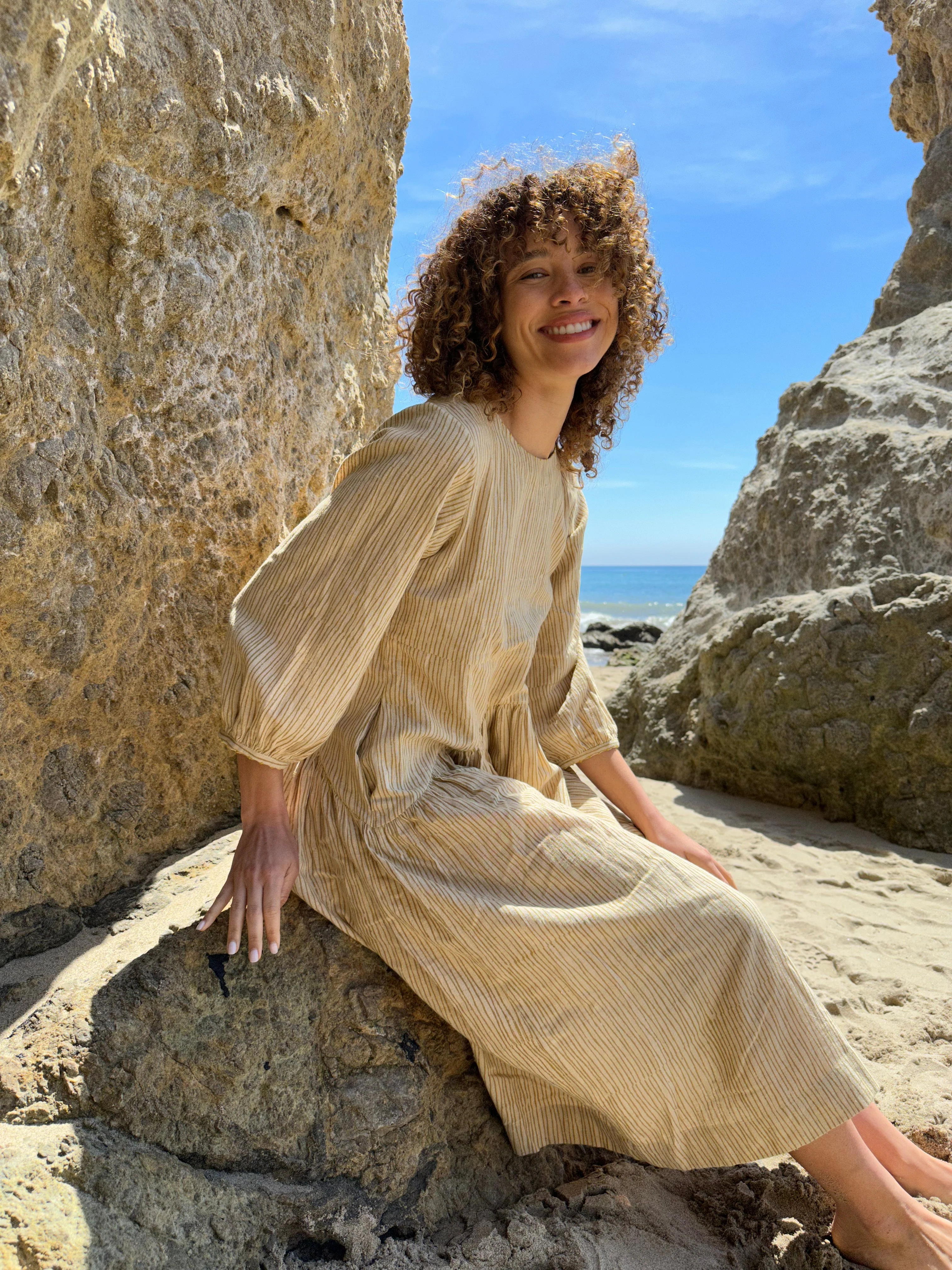 Hand Block Printed Gathered Midi Dress