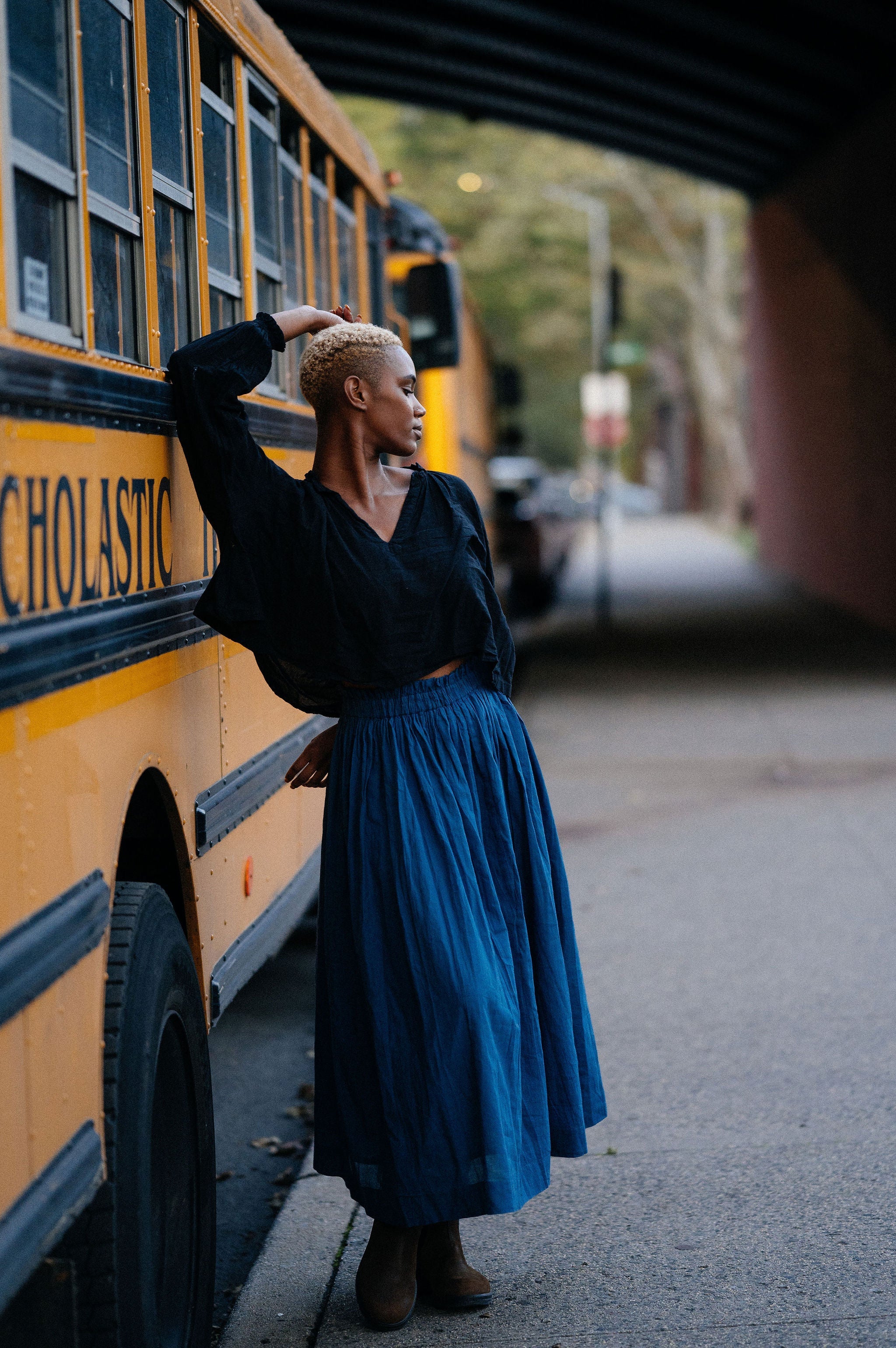 Indigo pleated skirt