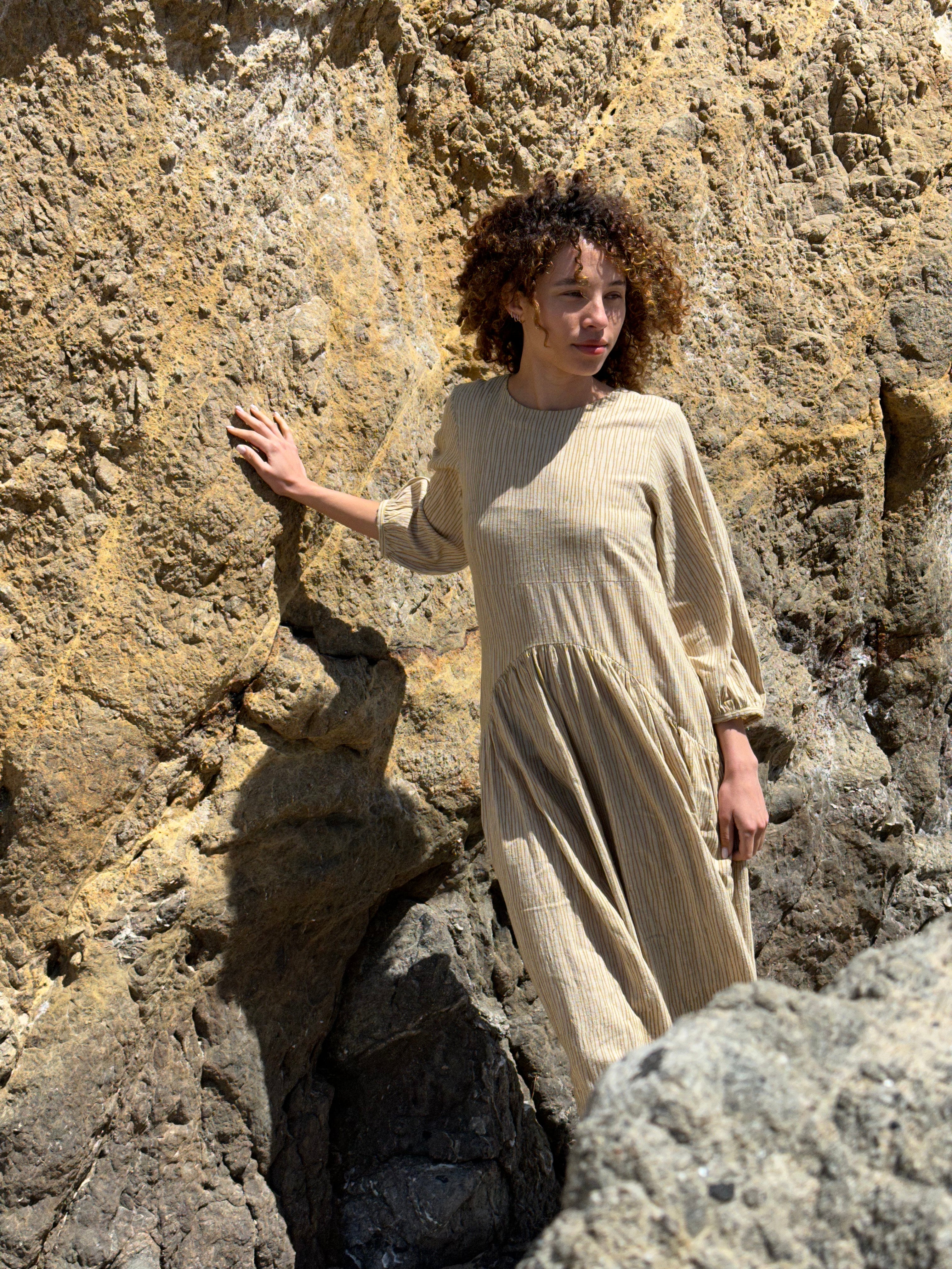 Hand Block Printed Gathered Midi Dress