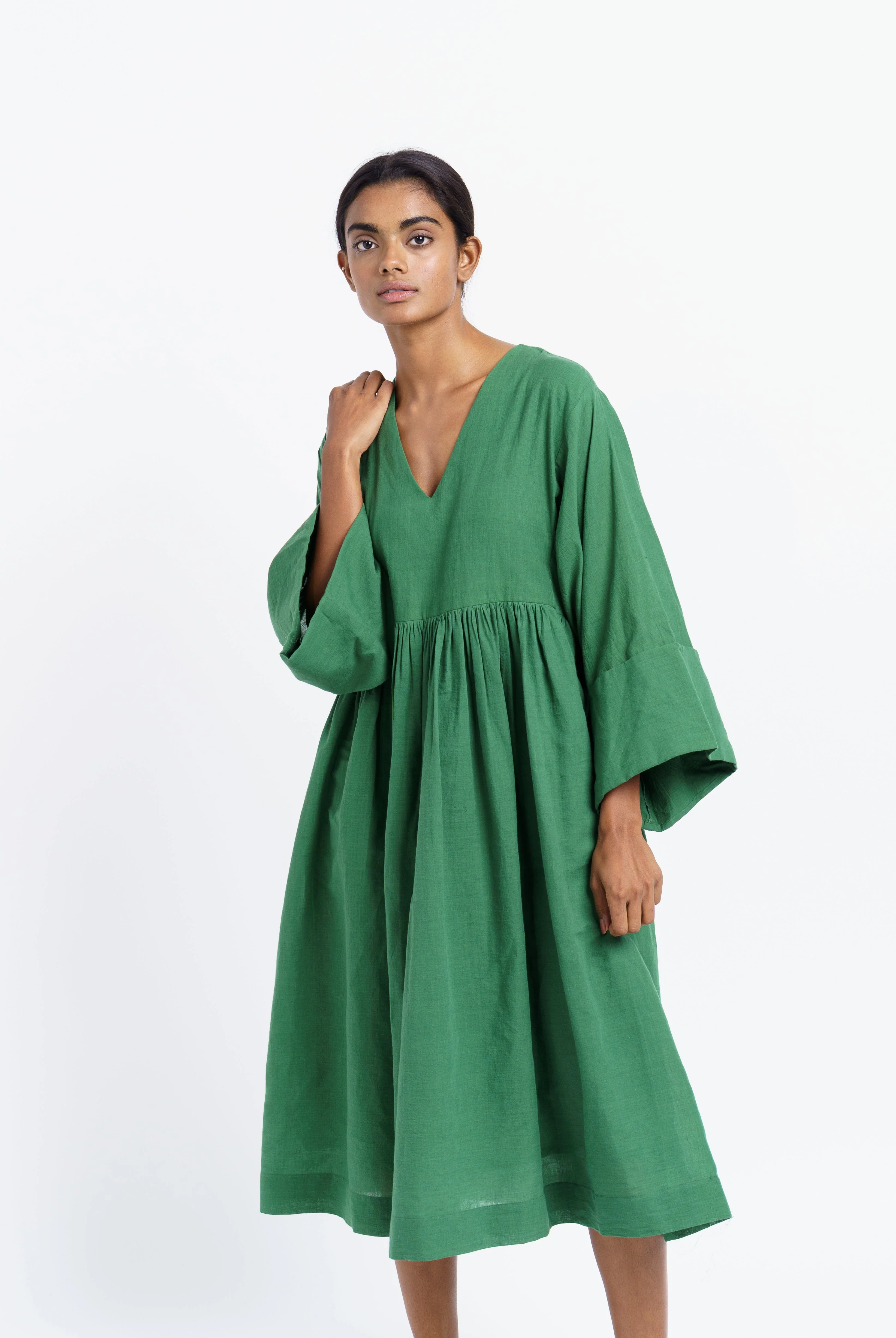 Basil green gathered midi dress