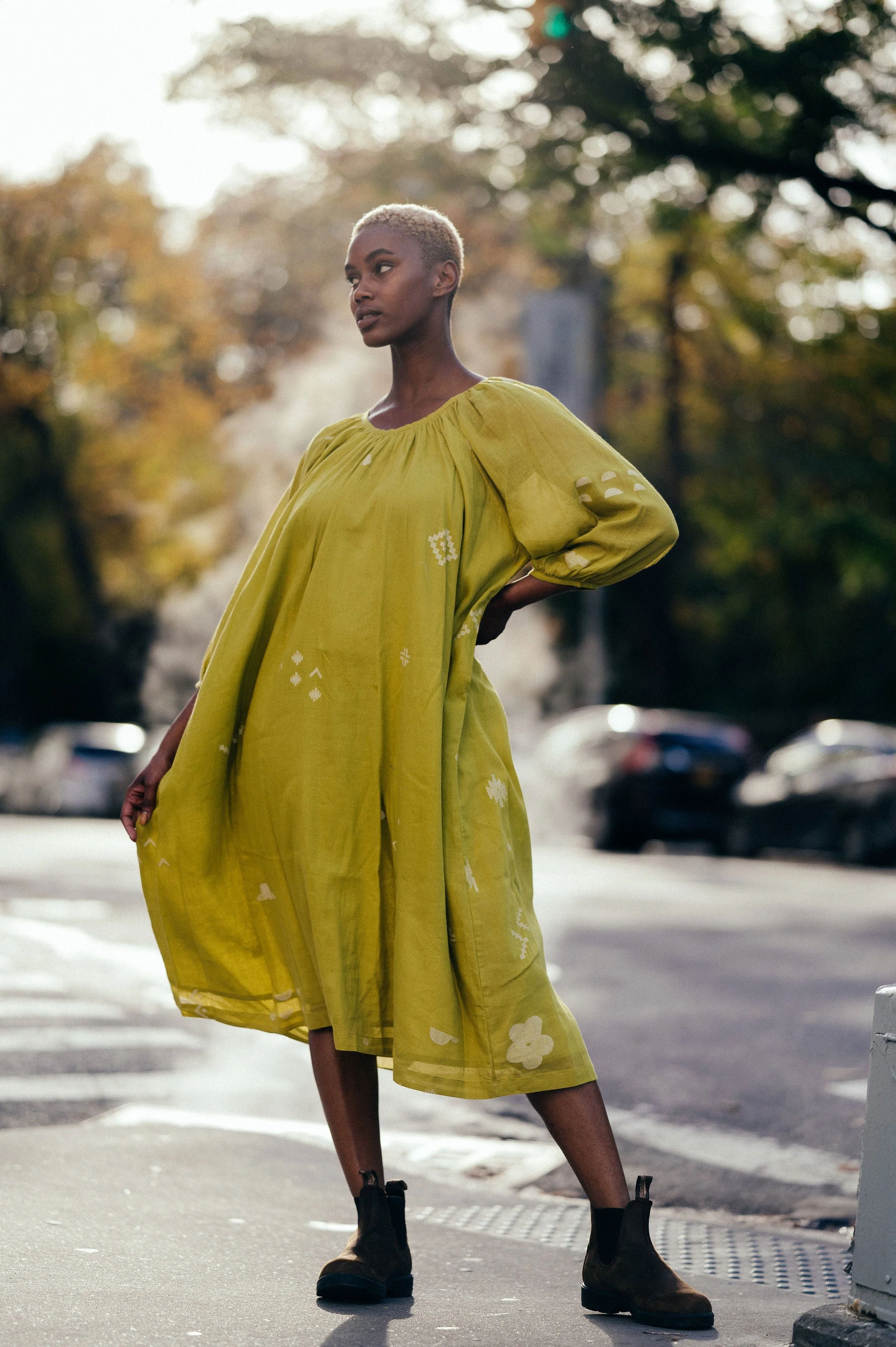 Ochre scoop-neck gathered dress