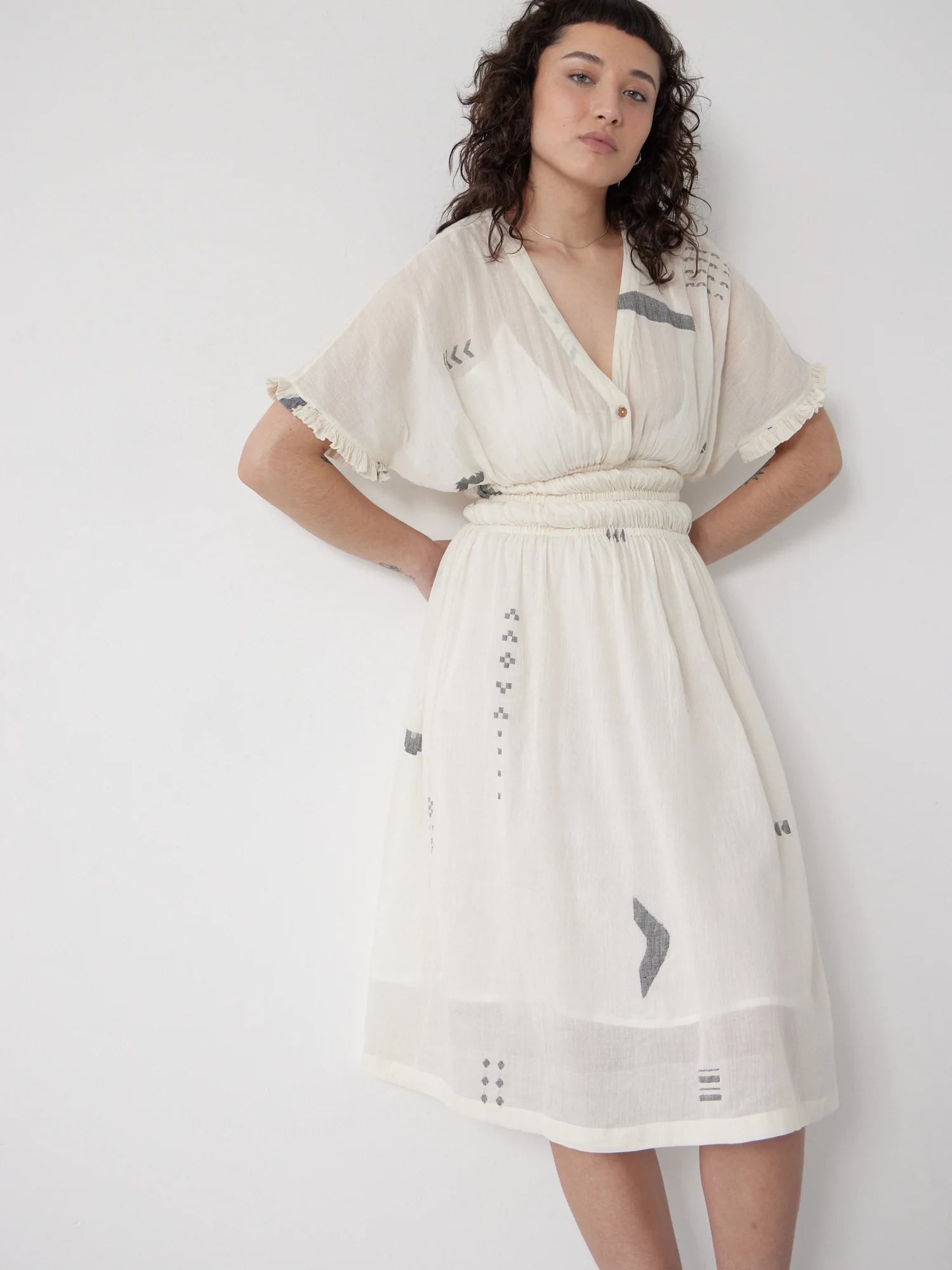 Elasticated Waist Ivory Midi Dress