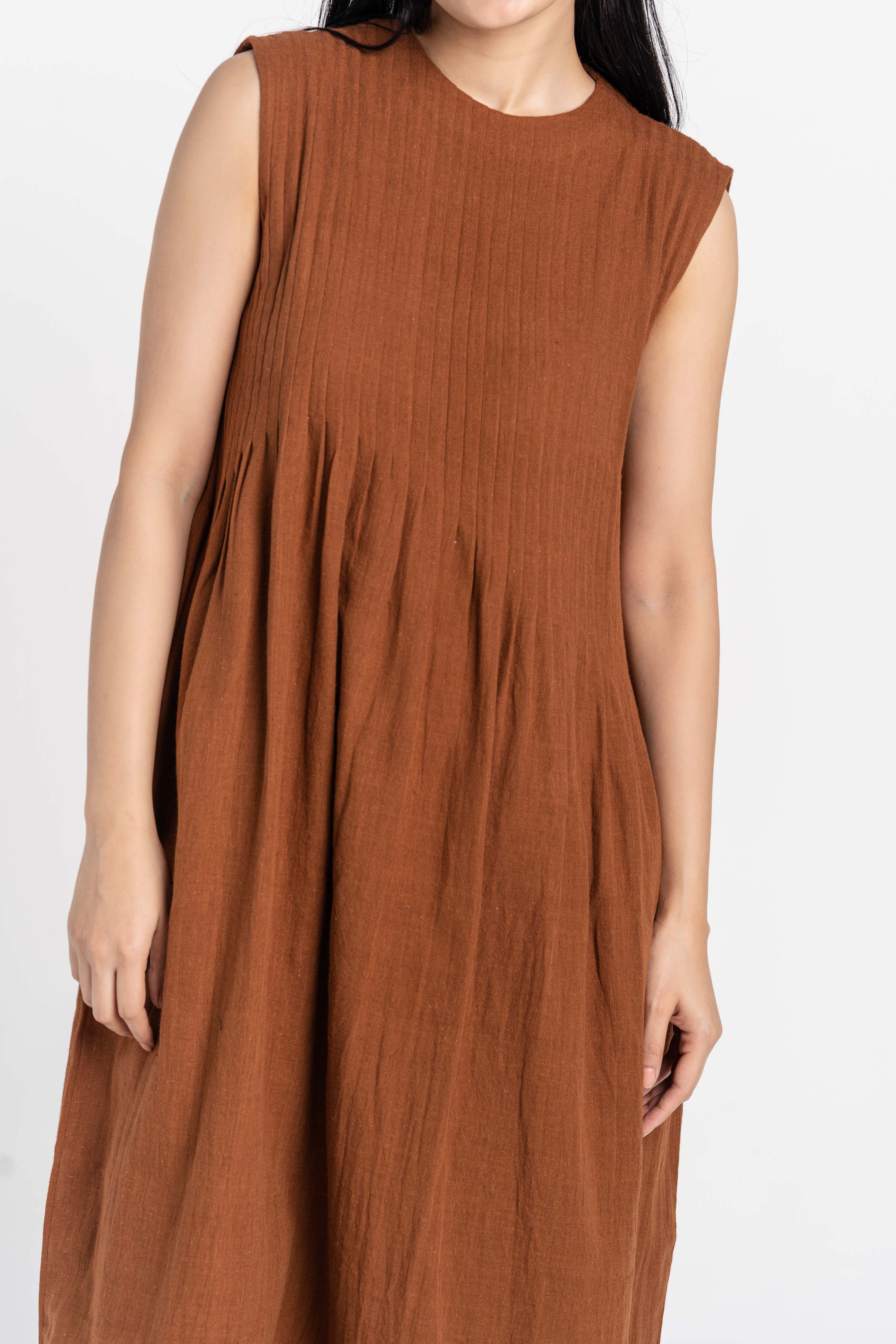 Bombay Brown Pleated Organic Cotton Dress