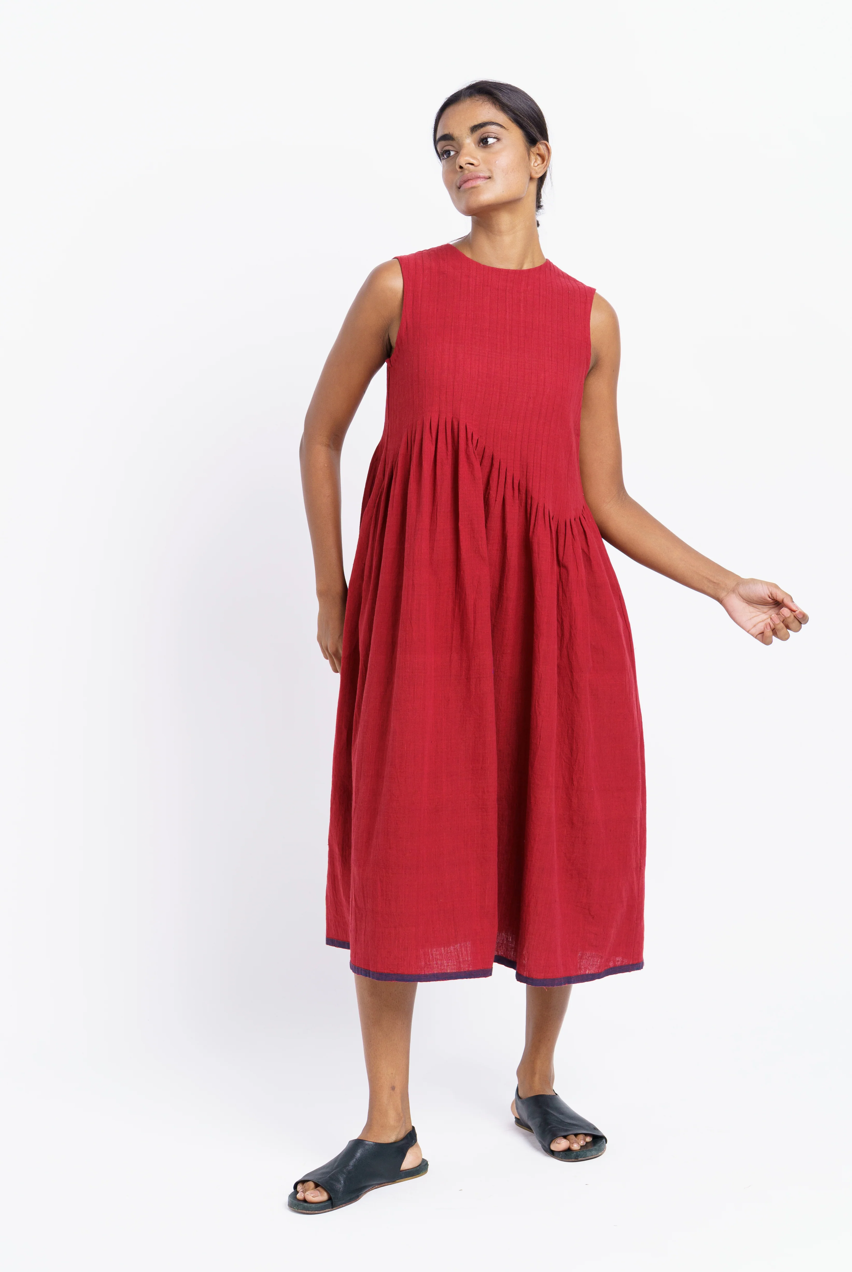 Red pleated midi dress