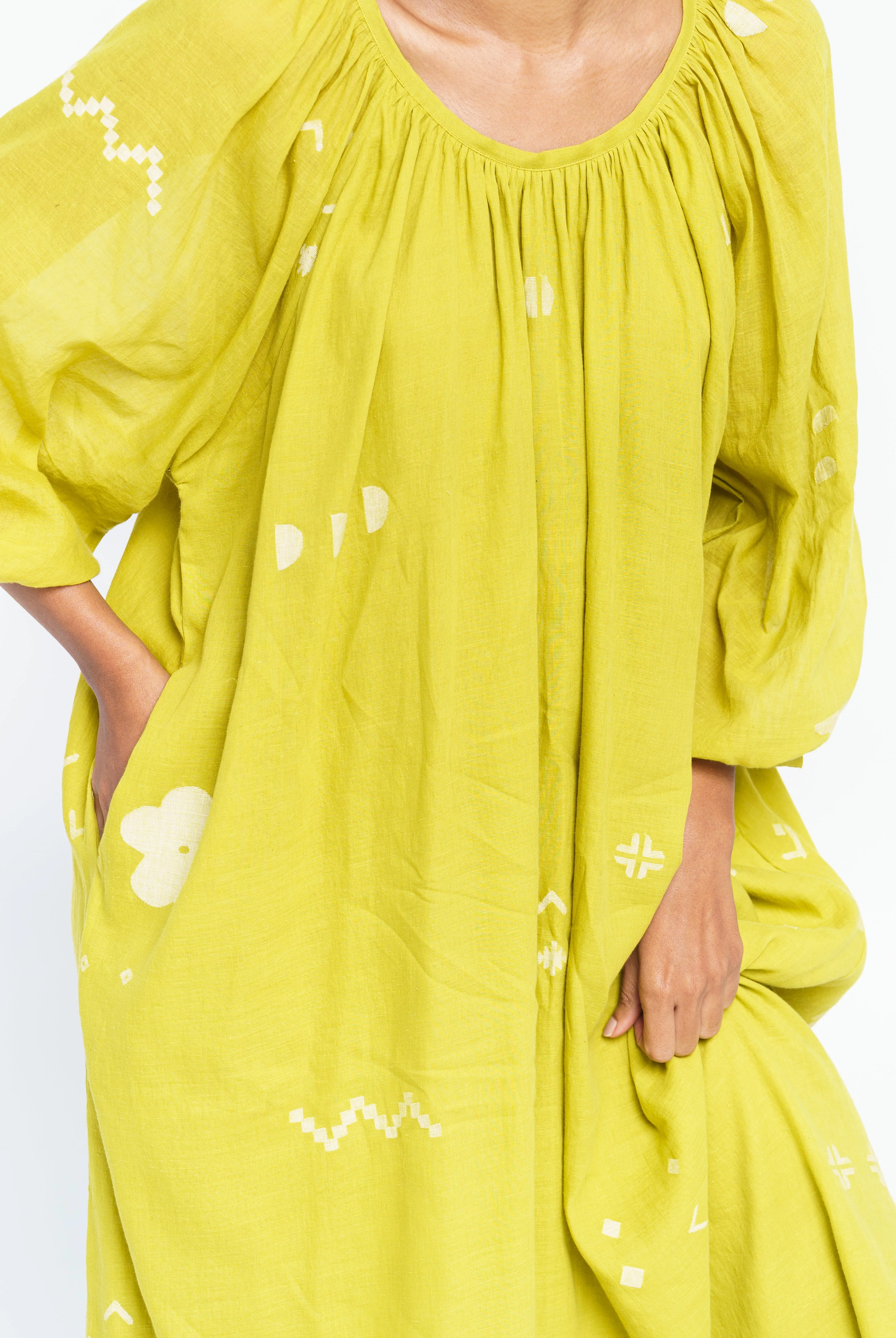 Ochre scoop-neck gathered dress