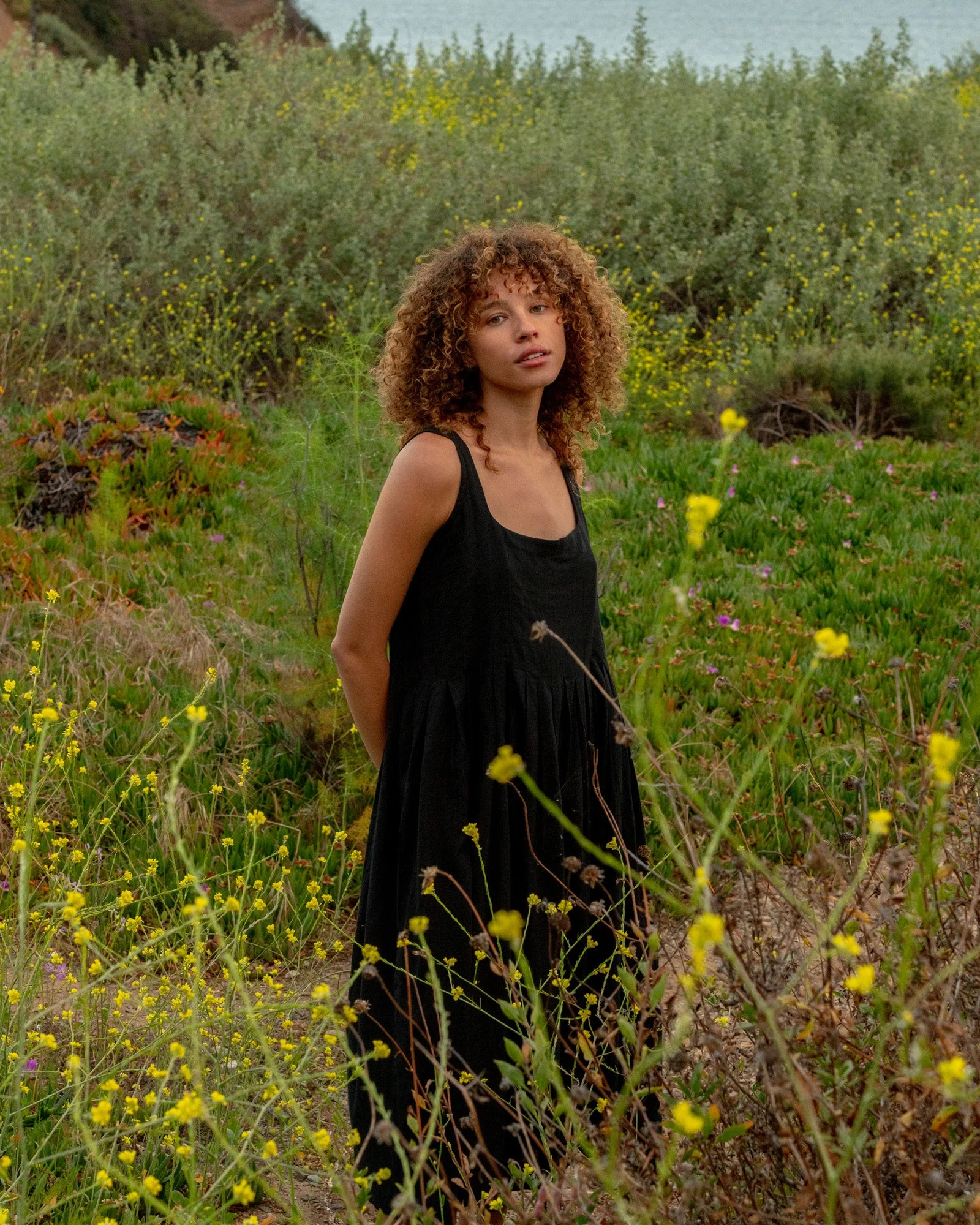 Black Cascade Midi Dress